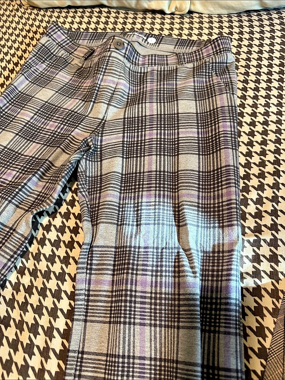 Betabrand Dress Pant Yoga Pants Plaid Flare Pants Gray & Purple Large